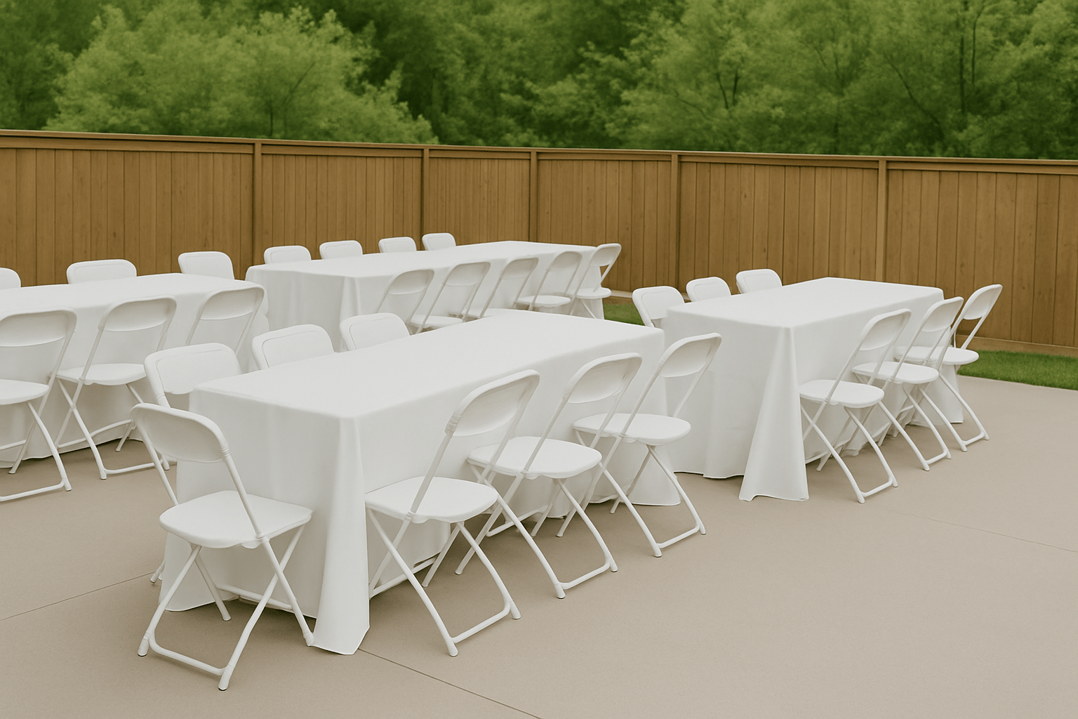 Tables and white folding chairs available for rent