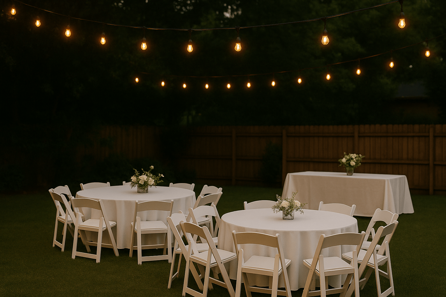 Event rental packages with tables and white folding chairs